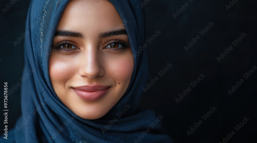 Close-up portrait of a woman wearing a blue hijab, smiling softly. Close-up portrait of a woman wearing a blue hijab, smiling softly.
