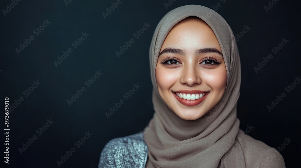 Portrait of a smiling Muslim woman in a hijab, wearing a headscarf, dark background. Portrait of a smiling Muslim woman in a hijab, wearing a headscarf, dark background.