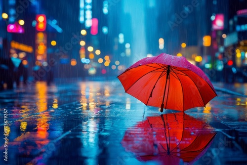 Wallpaper Mural Red Umbrella Reflecting in a Puddled City Street at Night Torontodigital.ca