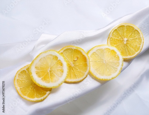 sliced ​​lemon slices floating in the air over a white cloth background. generative ai photo