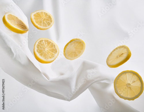 sliced ​​lemon slices floating in the air over a white cloth background. generative ai photo