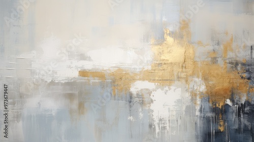 An abstract painting featuring soft colors with gold accents, creating a serene and modern aesthetic.