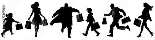 Silhouette of different people doing madness shopping holding bags. Black Friday conceptual banner