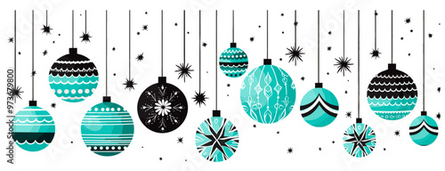 Blue and black Christmas ball banner flat design illustration