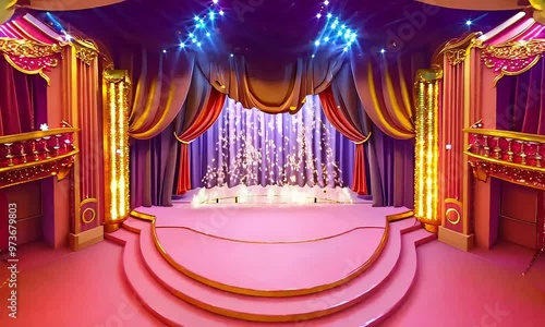 Elegant pink stage with curtains and bright lighting