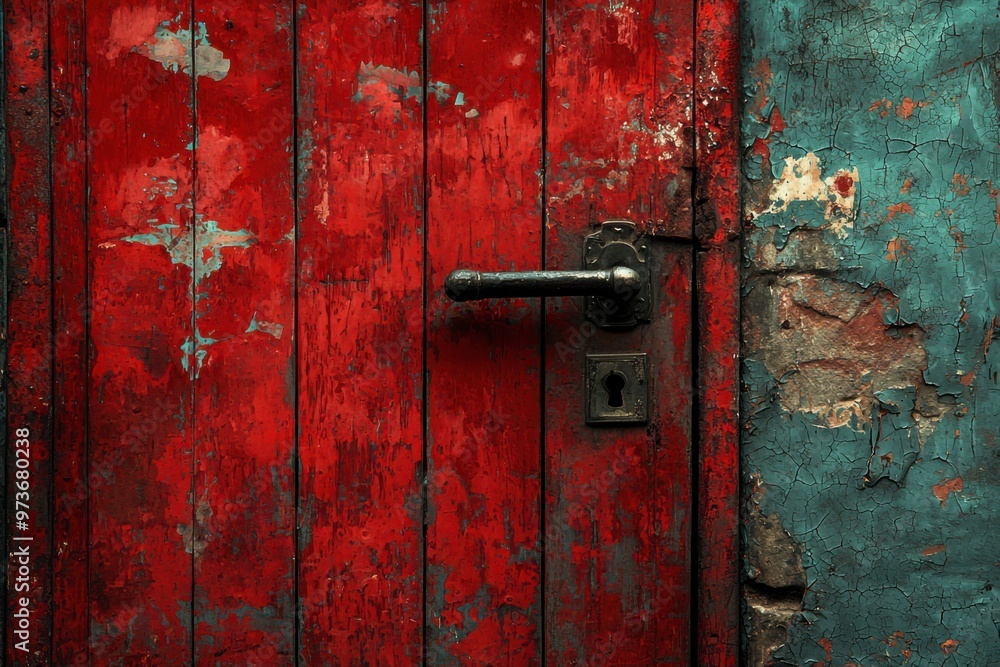 Red Wooden Door with Peeling Paint and Black Handle Red Wooden Door with Peeling Paint and Black Handle