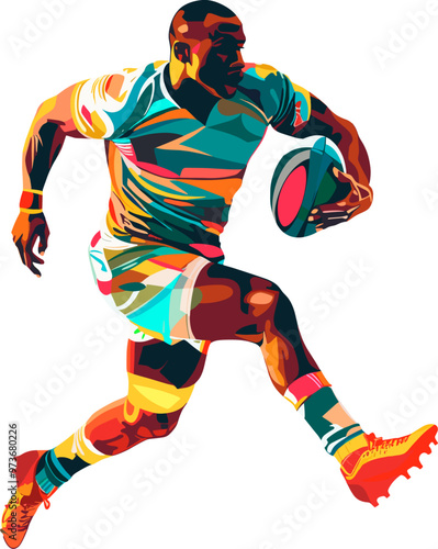 Male rugby player, geometric colorful illustration banner