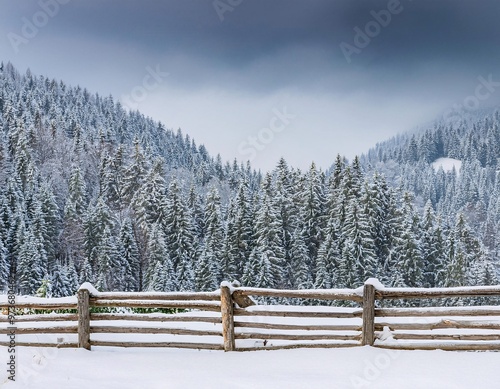 a stunning winter scene, featuring a landscape with a snow-covered wooden fence, generative ai photo