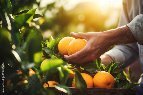 Hands picking oranges from tree branch. Close up shot