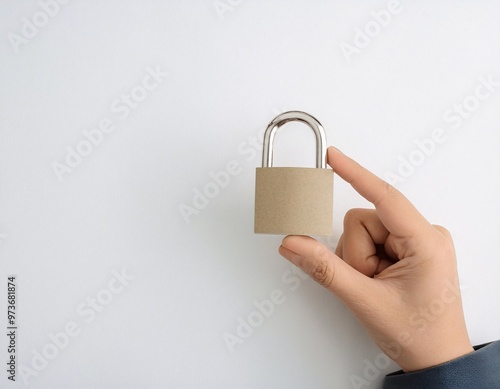 Close-up image of a hand holding a padlock key on a clean white background, generative ai photo