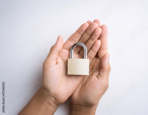 Close-up image of a hand holding a padlock key on a clean white background, generative ai photo