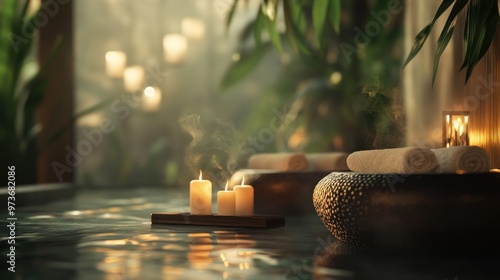 Three burning candles with steam over a tray, two rolled towels, a textured bowl, and a pool of water.