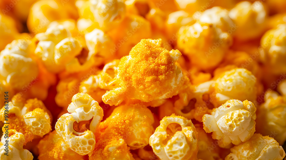 Close-up of cheddar cheese popcorn, with the vibrant cheese powder clinging to each kernel Close-up of cheddar cheese popcorn, with the vibrant cheese powder clinging to each kernel