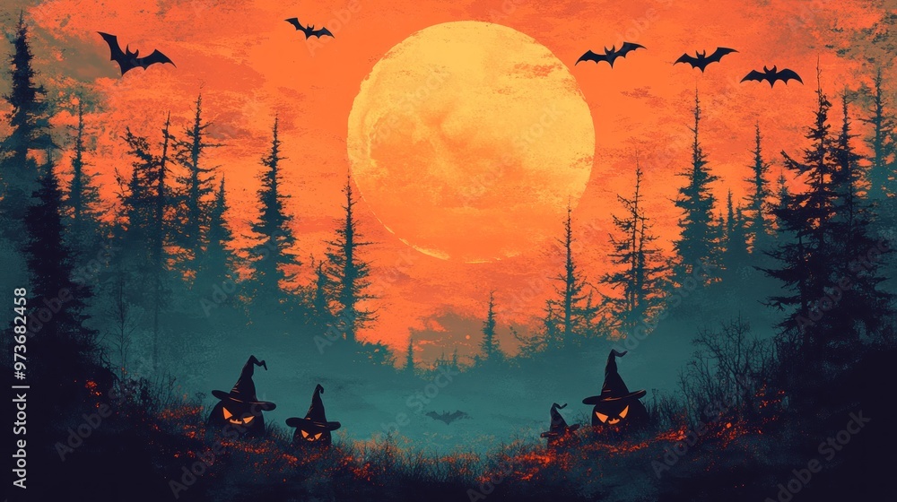 Spooky Halloween scene with witches, bats, and a full moon. Spooky Halloween scene with witches, bats, and a full moon.