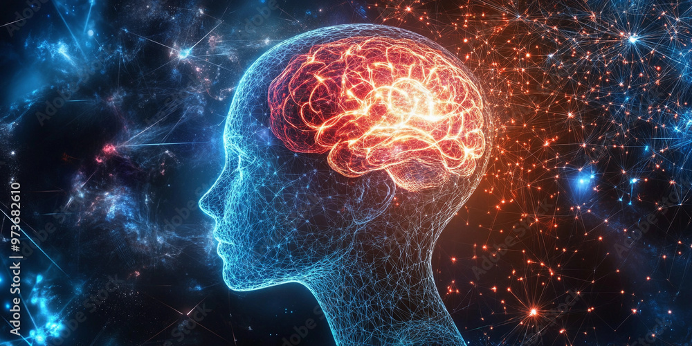 A futuristic digital illustration depicting the human brain and neural ...