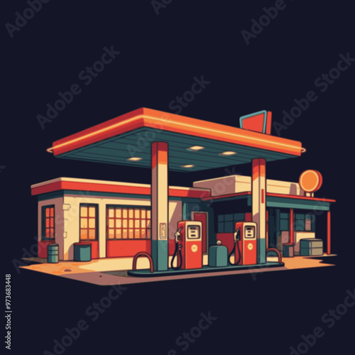 Car gas station in retro style. Classic car with gas station. EPS version.	