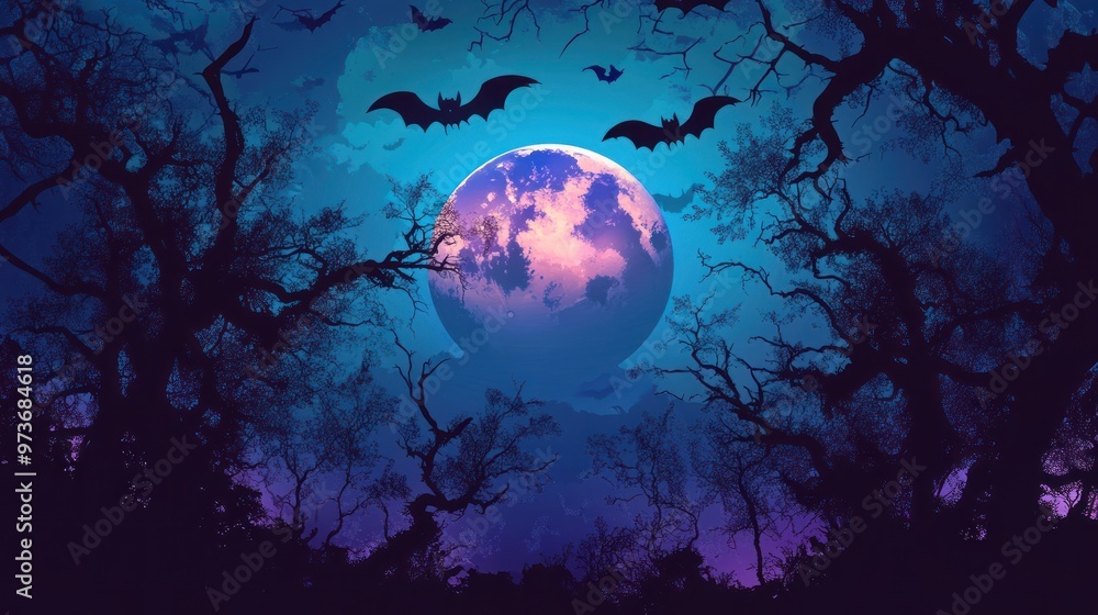 Silhouetted trees against a purple and blue sky with a large full moon and bats flying overhead. Silhouetted trees against a purple and blue sky with a large full moon and bats flying overhead.