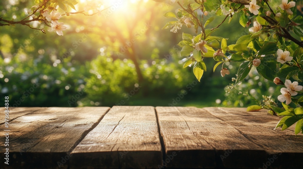 A wooden table with a blurred background of a blooming tree and sunbeams. A wooden table with a blurred background of a blooming tree and sunbeams.