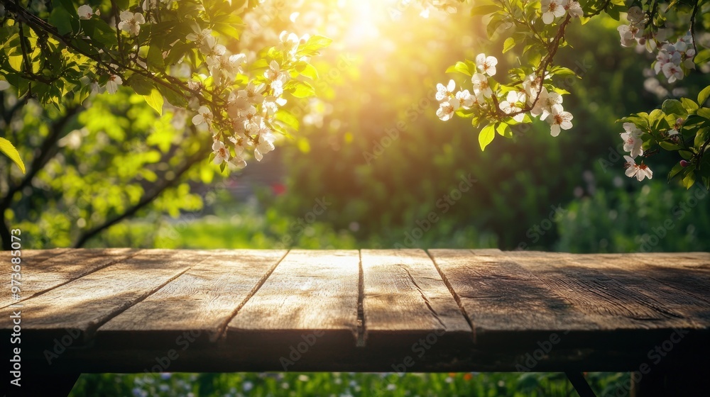 Naklejka premium Wooden table in a blooming garden.
