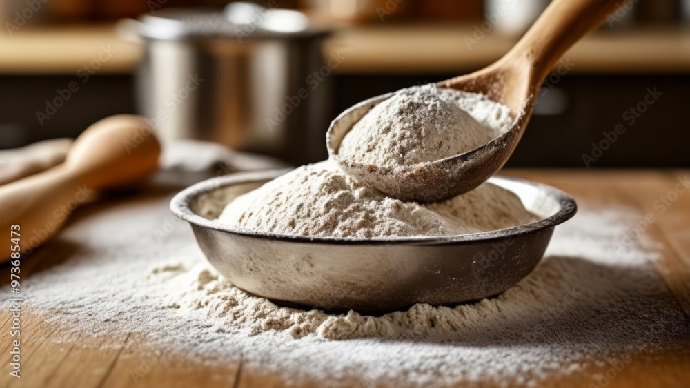 Fototapeta premium Flour being measured into a bowl for baking