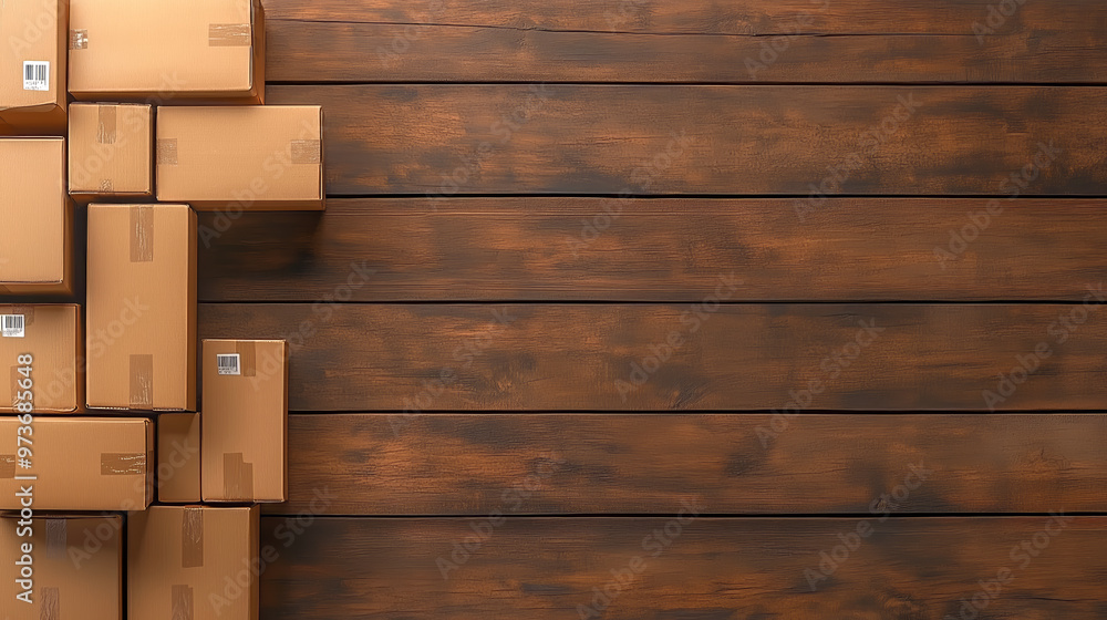 Stack of cardboard boxes against wooden wall background Stack of cardboard boxes against wooden wall background