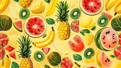 A quirky all-over print pattern with cartoon-style fruits, including pineapples, bananas, and watermelons, arranged in a random layout on a bright background. 8k UHD, suitable for high-quality 