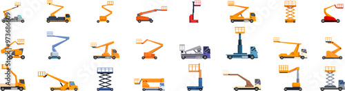 Lift platform basket icons set. Set of colorful isolated icons of various construction platforms with hydraulic lifting mechanisms for high altitude work