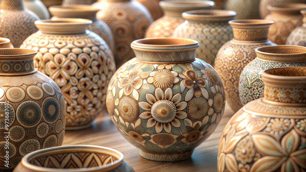 Collection of intricately designed decorative pottery with vibrant patterns and textures Collection of intricately designed decorative pottery with vibrant patterns and textures