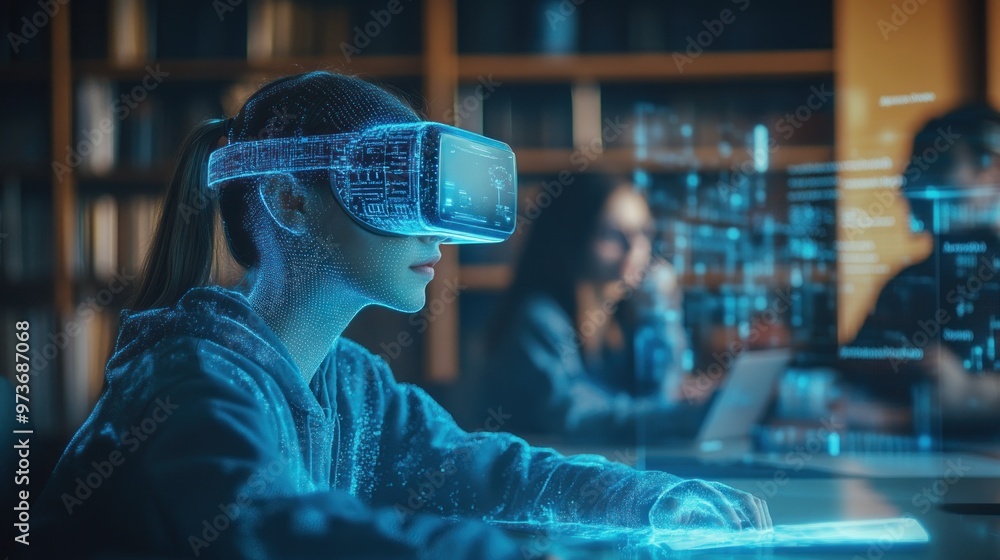 A woman wearing a VR headset interacts with a glowing digital interface, surrounded by a futuristic and technological environment. A woman wearing a VR headset interacts with a glowing digital interface, surrounded by a futuristic and technological environment.