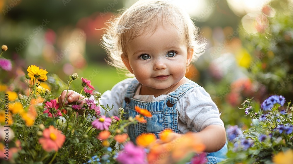 Adorable Baby Girl In Flower Garden Adorable Baby Girl In Flower Garden