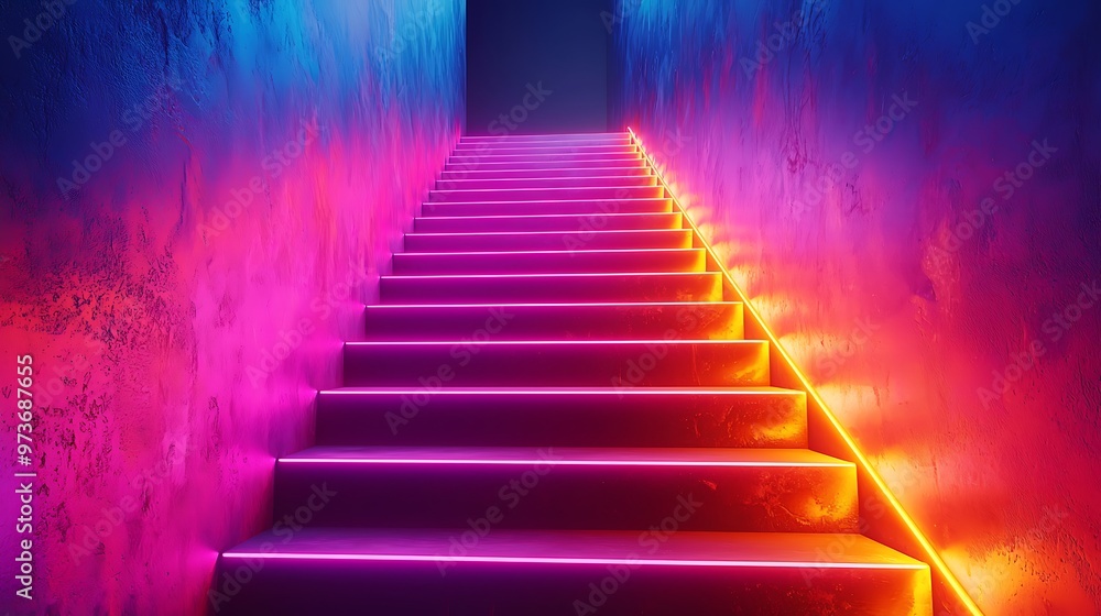A neon glowing staircase with pink and yellow light creates a surreal, dreamlike atmosphere. A neon glowing staircase with pink and yellow light creates a surreal, dreamlike atmosphere.