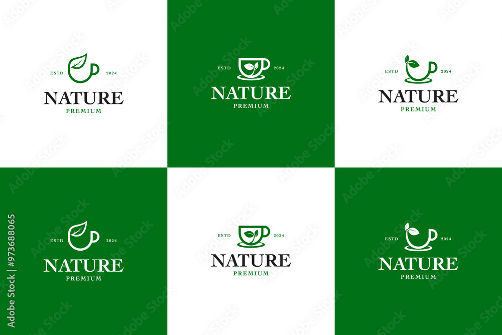 Set collection vector tea cup with leaf logo design illustration template idea Set collection vector tea cup with leaf logo design illustration template idea