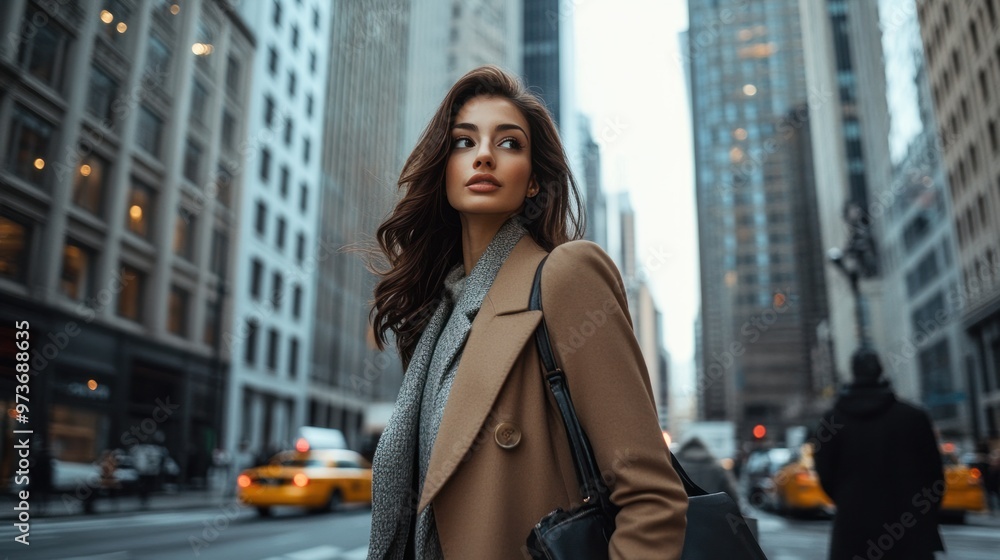 A stunning girl in a chic outfit, walking gracefully along a busy city sidewalk with skyscrapers in the background A stunning girl in a chic outfit, walking gracefully along a busy city sidewalk with skyscrapers in the background