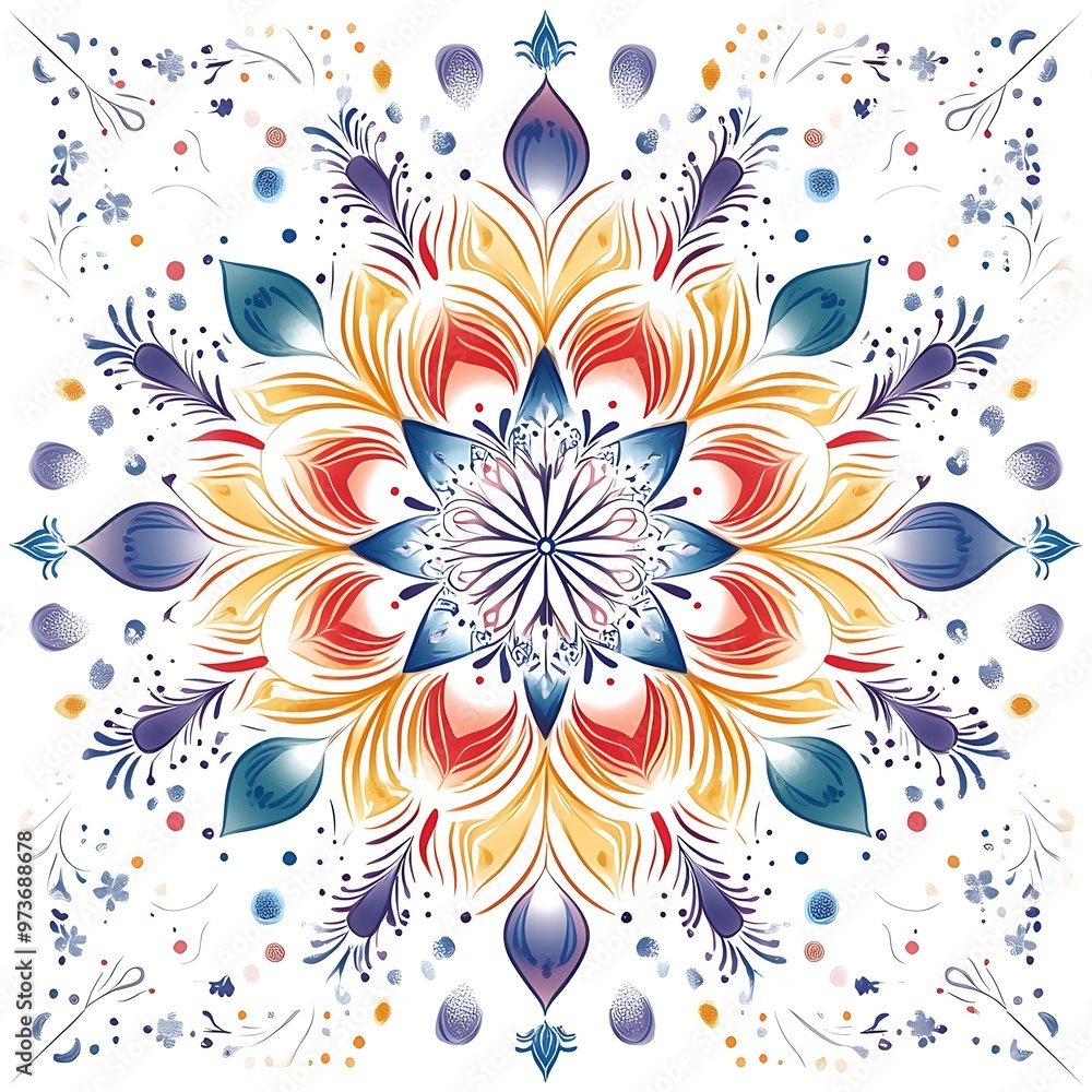A vibrant floral mandala design against a white background brings life and color to any space. A vibrant floral mandala design against a white background brings life and color to any space.