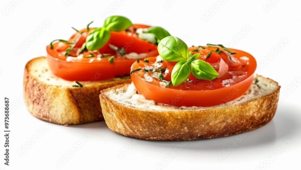 Freshly sliced tomatoes on toasted bread garnished with basil and herbs Freshly sliced tomatoes on toasted bread garnished with basil and herbs