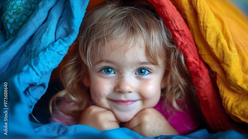 Wallpaper Mural Happy Little Girl Peeking Out From Colorful Fabrics Torontodigital.ca
