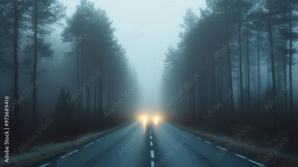 A foggy forest road with headlights on A foggy forest road with headlights on