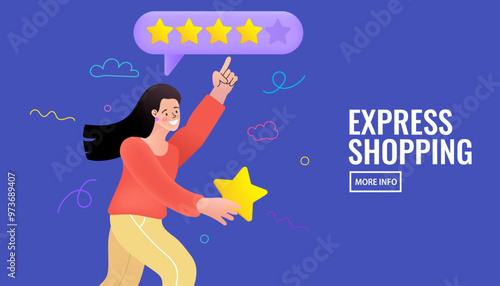 Woman satisfied customer give rating 5 stars. People feedback by giving star rating. 