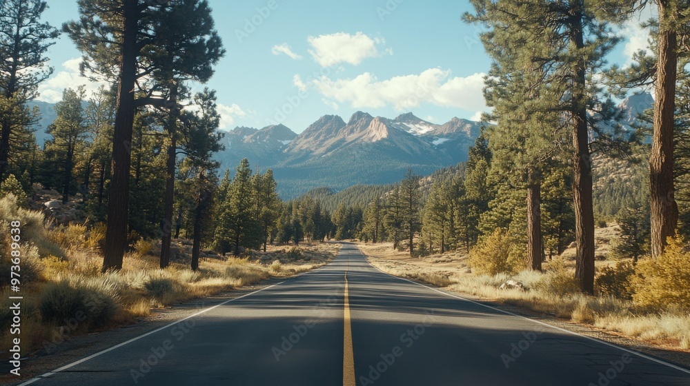 A road with trees in the background and mountains in the distance A road with trees in the background and mountains in the distance