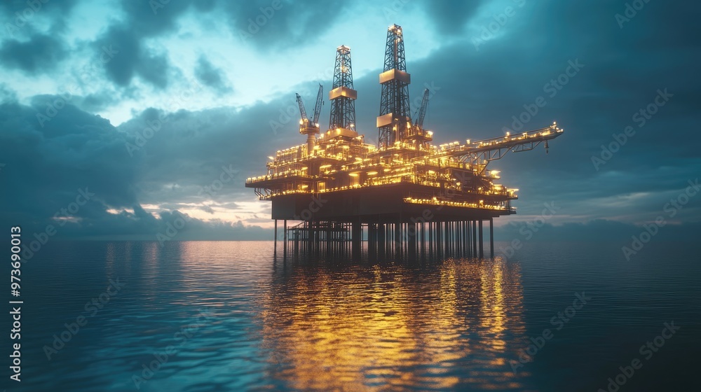 Illuminated offshore oil platform at dusk, showcasing the massive scale of energy production against a serene, darkening sky Illuminated offshore oil platform at dusk, showcasing the massive scale of energy production against a serene, darkening sky