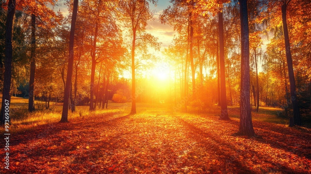 Sunset through a forest of trees with golden foliage, with the sun shining through the branches, casting a warm glow on the ground. Sunset through a forest of trees with golden foliage, with the sun shining through the branches, casting a warm glow on the ground.