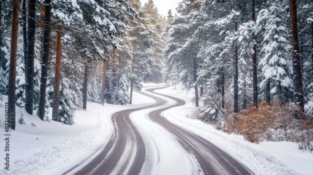 A snowy road with a curve in it A snowy road with a curve in it