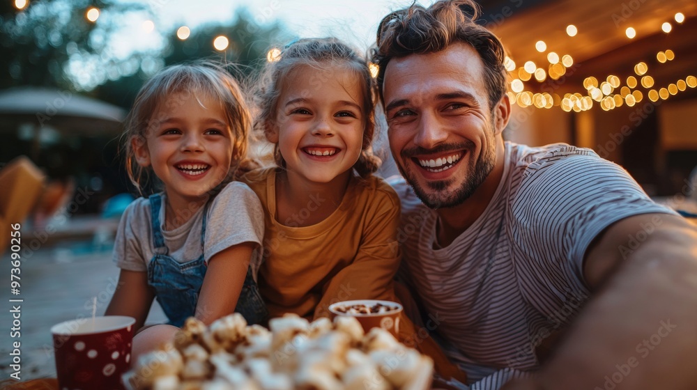 Happy Family Watching Movie with Popcorn and Drinks Happy Family Watching Movie with Popcorn and Drinks