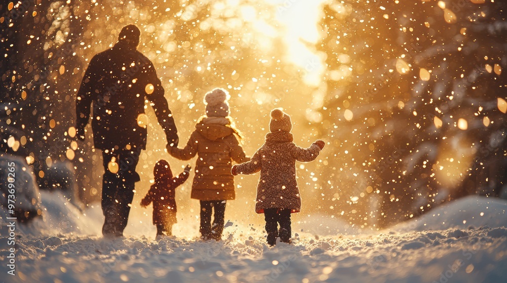 Family Walking in Snowy Winter Forest with Golden Sunbeams Family Walking in Snowy Winter Forest with Golden Sunbeams