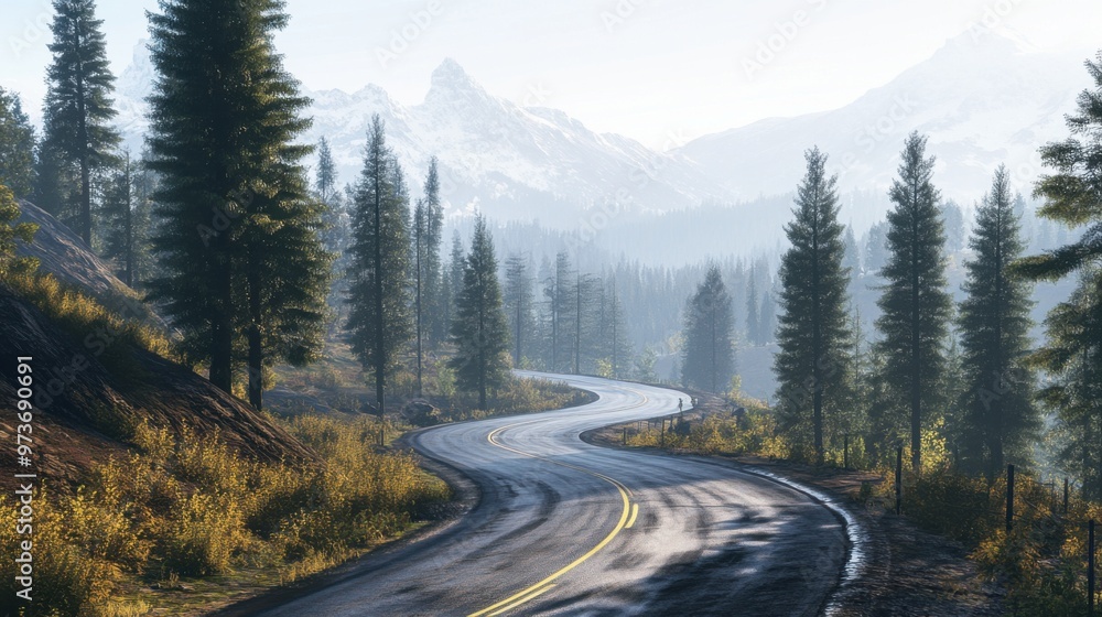 A winding road in the woods with a mountain in the background A winding road in the woods with a mountain in the background