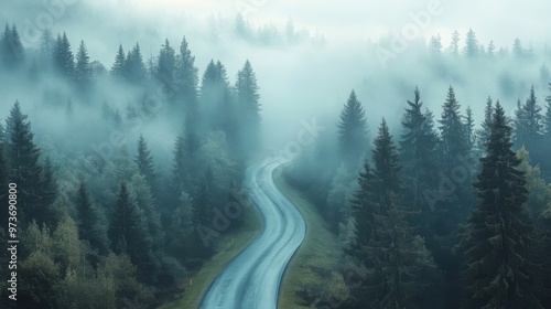 A forest road with foggy trees and a winding road