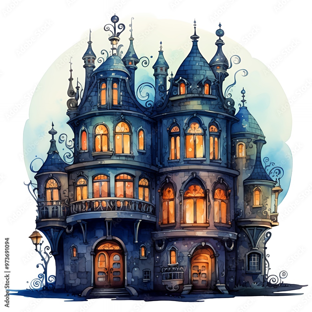 Whimsical Haunted Mansion with Glowing Windows, Halloween Night Whimsical Haunted Mansion with Glowing Windows, Halloween Night
