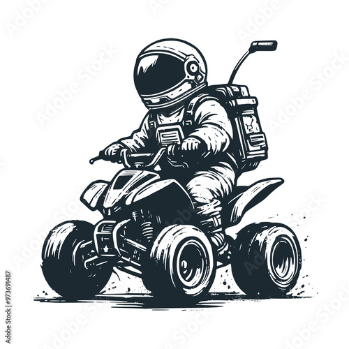 Cute astronaut riding ATV motorbike. Black white vector. Icon and logo illustration. photo