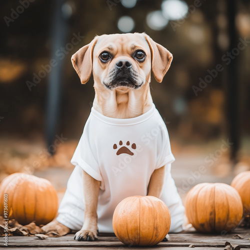 Pug dog wearing a ghost costume sitting between pumpkins for Halloween photo