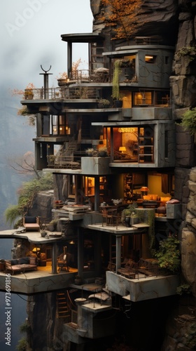 A modern, multi-level home built into the side of a cliff. The house has large windows and balconies, with views of the surrounding mountains.